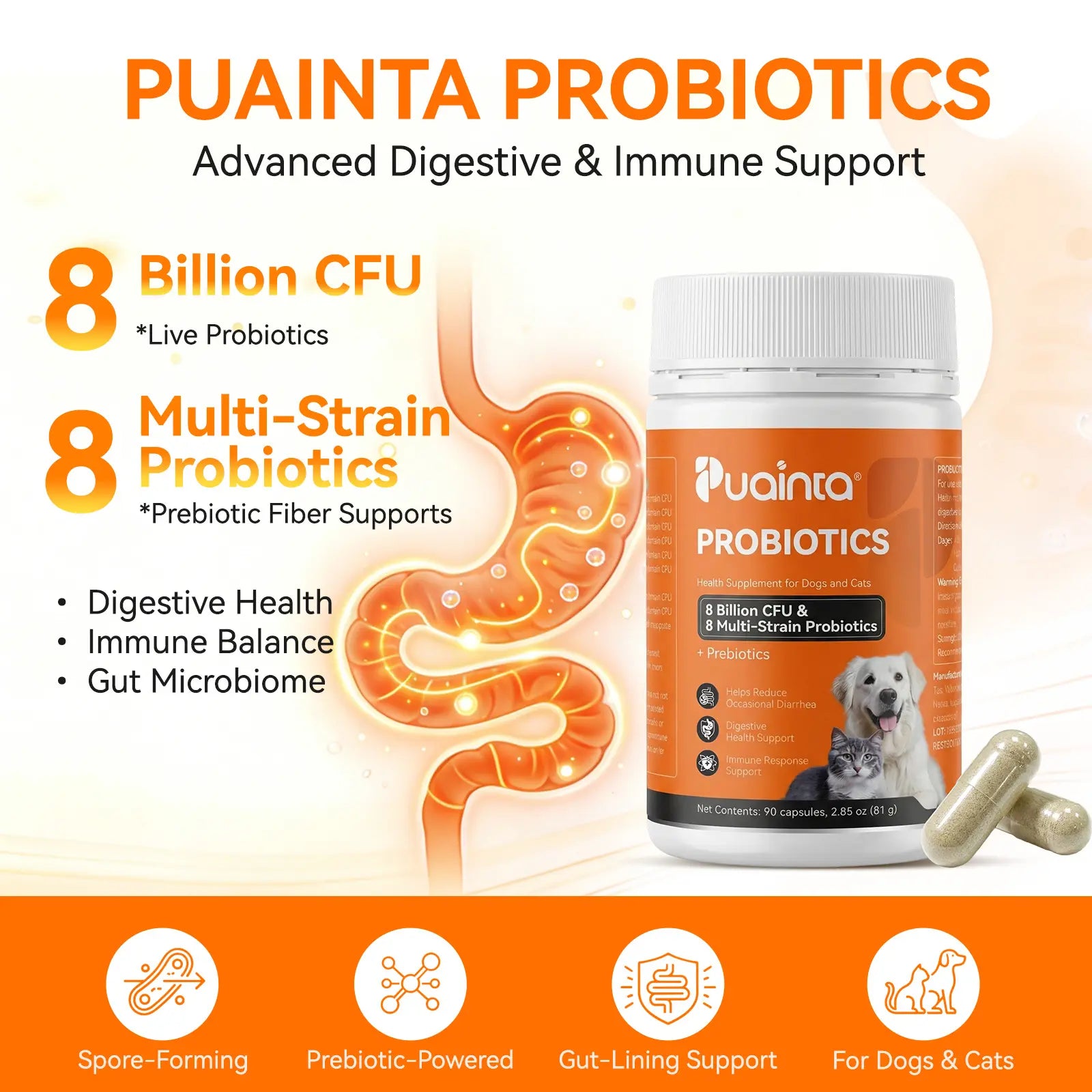 Puainta Probiotics for Dogs and Cats: 8 Billion CFU Digestive and Immune Support - Multi-Strain Spore-Forming Formula with Prebiotics for Gut Health, Sensitive Stomachs, and Skin Wellness