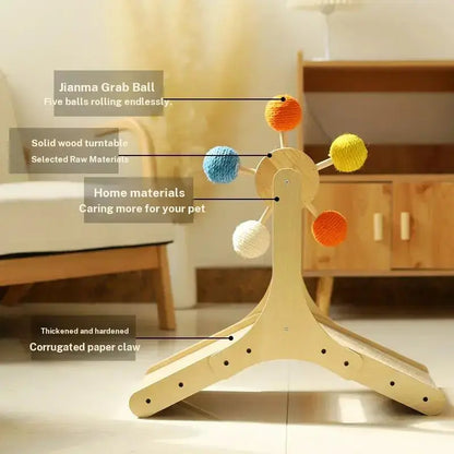 Interactive Cat Ferris Wheel Toy - Wooden Sisal Scratcher with Rolling Ball Track for Indoor Entertainment and Furniture Protection