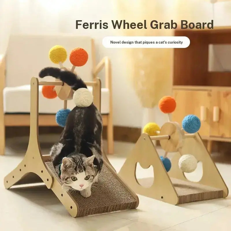 Interactive Cat Ferris Wheel Toy - Wooden Sisal Scratcher with Rolling Ball Track for Indoor Entertainment and Furniture Protection