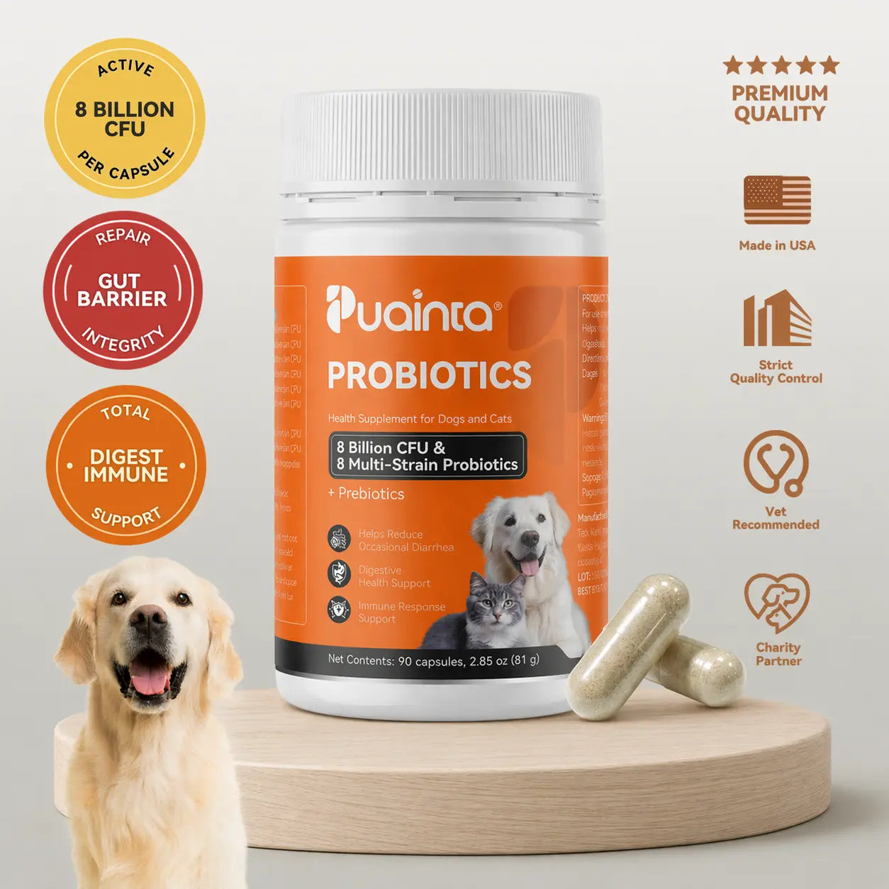 Puainta Probiotics for Dogs and Cats: 8 Billion CFU Digestive and Immune Support - Multi-Strain Spore-Forming Formula with Prebiotics for Gut Health, Sensitive Stomachs, and Skin Wellness