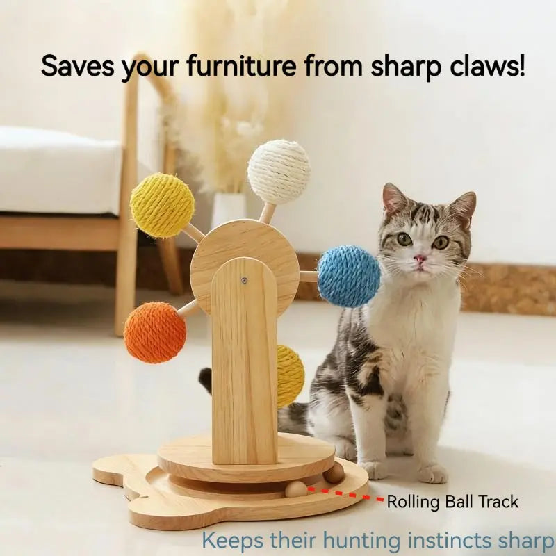 Interactive Cat Ferris Wheel Toy - Wooden Sisal Scratcher with Rolling Ball Track for Indoor Entertainment and Furniture Protection