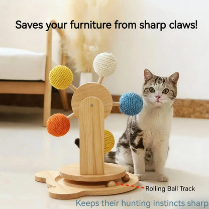 Interactive Cat Ferris Wheel Toy - Wooden Sisal Scratcher with Rolling Ball Track for Indoor Entertainment and Furniture Protection