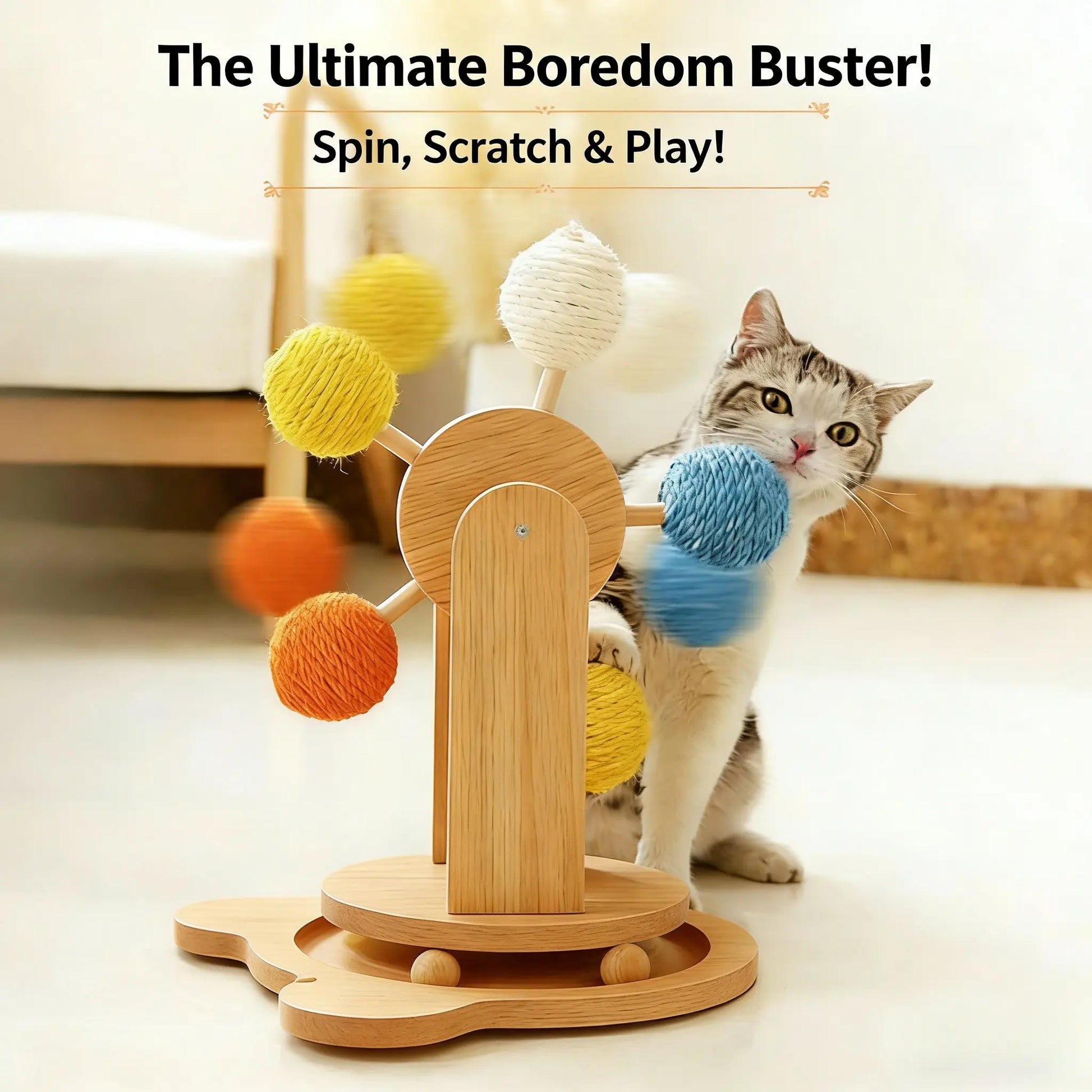 Interactive Cat Ferris Wheel Toy - Wooden Sisal Scratcher with Rolling Ball Track for Indoor Entertainment and Furniture Protection
